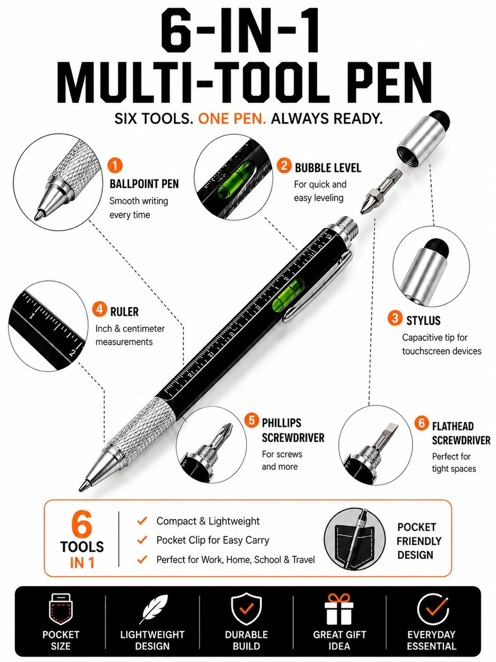 6-in-1 Multi Tool Pen Set | Stylus, Screwdriver, Level & Ruler